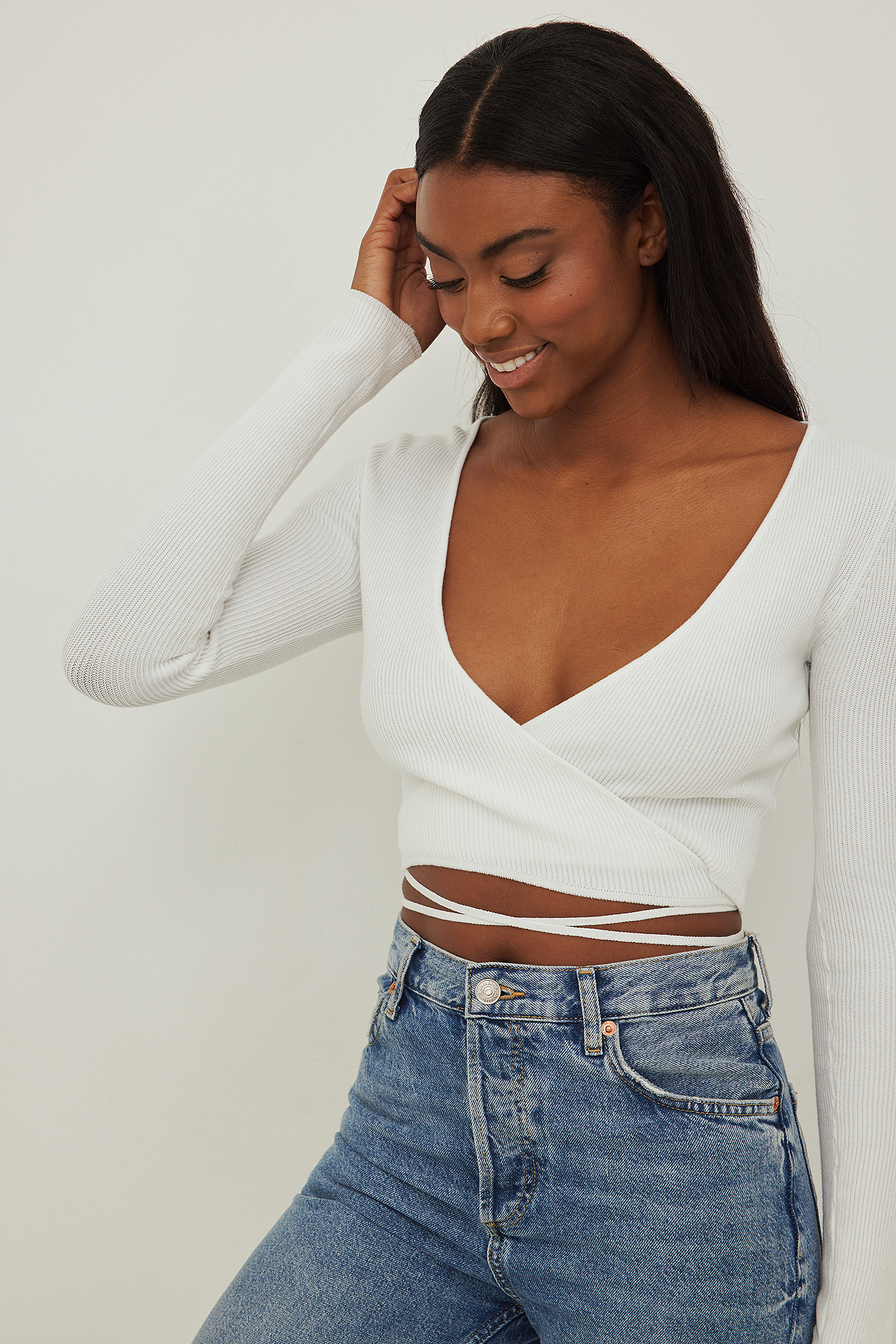 Ribbed Knitted Wrap Sweater White | na ...